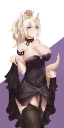 Rule 34 | 1girl, 9h, absurdres, bare shoulders, belt collar, black leotard, black skirt, blonde hair, blue eyes, bowsette, bracelet, breasts, brooch, cleavage, clothes lift, collar, collarbone, cowboy shot, artistic error, expressionless, garter straps, hair between eyes, highres, horns, jewelry, large breasts, leotard, lifting own clothes, long hair, looking at viewer, mario (series), new super mario bros. u deluxe, nintendo, ponytail, purple background, shiny skin, sidelocks, skindentation, skirt, skirt lift, solo, spiked bracelet, spiked tail, spikes, standing, strapless, strapless leotard, super crown, tail, thighs, two-tone background, white background