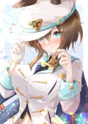 Rule 34 | 1girl, absurdres, animal ears, blue eyes, blush, breasts, brown hair, cheval grand (umamusume), closed mouth, flying sweatdrops, gloves, hair between eyes, hat, highres, horse ears, horse girl, jacket, large breasts, long sleeves, navel, peaked cap, short hair, single glove, sky cappuccino, solo, umamusume, upper body, white gloves, white hat, white jacket