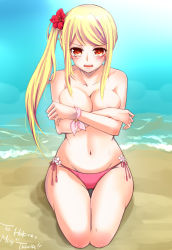 Rule 34 | 1girl, absurdres, alternate costume, arm ribbon, bare shoulders, beach, bikini, blonde hair, blush, breasts, cleavage, collarbone, commentary request, covering privates, covering breasts, crossed arms, embarrassed, fairy tail, highres, large breasts, looking at viewer, lucy heartfilia, morizuki yuma, navel, one side up, open mouth, parted lips, pink bikini, pov, red eyes, ribbon, seiza, sidelocks, sitting, solo, stomach, swimsuit, tearing up, tears, teeth, thighs, tongue, upper teeth only, water
