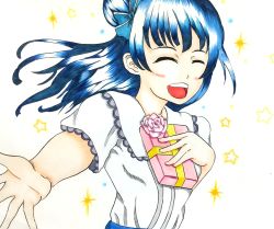 Rule 34 | 1girl, artist name, artist request, blue hair, blush, bow, breasts, closed eyes, female focus, floating hair, gift, floral bow, hair bun, holdibg, holding, holding gift, long hair, looking at viewer, love live!, love live! sunshine!!, parted lips, sailor collar, shirt, short sleeves, side bun, single hair bun, small breasts, smile, solo, sparkle, teeth, tsushima yoshiko, white background, white sailor collar, white shirt