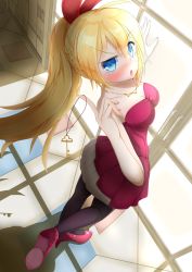 Rule 34 | 10s, 1girl, ahoge, black pantyhose, blonde hair, blue eyes, blush, braid, breasts, chestnut mouth, cleavage, dress, from above, hair ribbon, high heels, highres, index finger raised, jewelry, key, key necklace, charm (object), kirisaki chitoge, long hair, medium breasts, necklace, nisekoi, nose blush, open mouth, pantyhose, pleated skirt, ponytail, raised eyebrow, red dress, ribbon, shadow, shoes, silhouette, skirt, solo, window, yamanashi