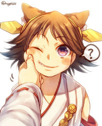 Rule 34 | 10s, 1girl, ;), ?, animal ears, blush, blush stickers, brown hair, cat ears, cheek pinching, grin, hairband, headgear, hiei (kancolle), kantai collection, looking at viewer, mk, one eye closed, pinching, purple eyes, ribbon-trimmed sleeves, ribbon trim, short hair, smile, solo focus, spoken question mark, twitter username, white background