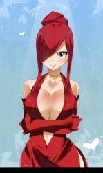 Rule 34 | 1girl, alternate hairstyle, arms under breasts, artist name, bare shoulders, blush, breasts, brown eyes, cleavage, closed mouth, crossed arms, detached sleeves, dress, elbow gloves, erza scarlet, evening gown, fairy tail, gaston18, gloves, hair bun, hair over one eye, hair up, heart, highres, jewelry, large breasts, long hair, looking at viewer, necklace, no bra, red dress, red hair, single hair bun, solo, standing