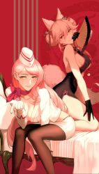 Rule 34 | 2girls, animal ear fluff, animal ears, bad id, bad pixiv id, bare shoulders, bell, black dress, black gloves, black panties, breasts, center opening, china dress, chinese clothes, cleavage, dress, dual persona, fate/grand order, fate (series), folding fan, fox ears, fox tail, garrison cap, glasses, gloves, hand fan, hat, highres, jacket, jingle bell, kneeling, koyanskaya (chinese lostbelt outfit) (fate), koyanskaya (fate), koyanskaya (foreigner) (first ascension) (fate), large breasts, long hair, looking at viewer, multiple girls, panties, pantyhose, parted lips, pencil skirt, pink hair, pink scarf, pointing, reroi, scarf, side slit, sideboob, sidelocks, sitting, skirt, smile, swept bangs, tail, tassel, thighs, underwear, uniform, white gloves, white jacket, white skirt, yellow eyes