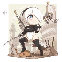 Rule 34 | 1girl, 2b (nier:automata), :&lt;, black footwear, black hairband, blue eyes, boots, chibi, closed mouth, covered eyes, day, feather-trimmed sleeves, feather trim, flying, hair over one eye, hairband, hand up, high heel boots, high heels, highres, holding, holding sword, holding weapon, juliet sleeves, kanoko2.0, leotard, long sleeves, mole, mole under mouth, nier:automata, nier (series), no blindfold, outdoors, puffy sleeves, robot, solo, sword, thigh boots, thighhighs, thighhighs under boots, weapon, white hair, white leotard