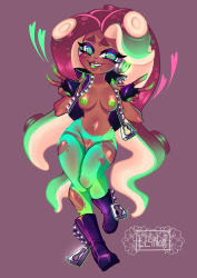 Rule 34 | 1girl, absurdres, artist logo, bare arms, bare shoulders, bioluminescence, black footwear, black gloves, black vest, boots, breasts, breasts apart, cephalopod eyes, collared vest, colored nipples, colored skin, colored tongue, dark-skinned female, dark skin, double v, ellinny, eyelashes, fang, fingerless gloves, full body, gloves, glowing, glowing skin, green eyes, green hair, green nipples, green pantyhose, green skin, green tongue, groin, hands up, headphones, high collar, highres, hip focus, lips, long hair, looking at viewer, marina (splatoon), medium breasts, mole, mole under mouth, multicolored skin, navel, navel piercing, nintendo, nipple piercing, nipples, no nose, no pants, octoling, open clothes, open mouth, open vest, pantyhose, piercing, pink pupils, pussy, red hair, shiny clothes, shiny skin, simple background, smile, solo, sparkle, splatoon (series), splatoon 2, stomach, suction cups, tentacle hair, thigh gap, torn clothes, torn pantyhose, uncensored, unzipped, v, very long hair, vest, walking, zipper, zipper pull tab