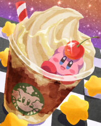 Rule 34 | absurdres, blush stickers, checkered floor, cherry, colored skin, cup, disposable cup, drinking straw, food, fruit, highres, ice cream, kirby, kirby (series), looking at viewer, miclot, nintendo, no humans, open mouth, pink skin, red footwear, star (symbol), starbucks, starry background