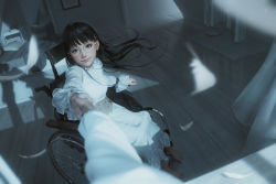 Rule 34 | 1girl, barefoot, bed, black hair, blunt bangs, curtains, dress, earrings, feathers, frills, from outside, glasses, glint, grey theme, hair ornament, hairclip, highres, holding hands, indoors, jewelry, long dress, long hair, long sleeves, looking at viewer, night, original, outstretched arm, outstretched hand, pov, pov hands, realistic, rimless eyewear, rui li, shadow, sitting, smile, solo focus, stud earrings, wheelchair, white dress, wooden floor