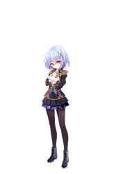 Rule 34 | 1girl, blue hair, boots, breasts, epaulettes, full body, glasses, gloves, hand on own chest, highres, light blue hair, medium hair, official art, pantyhose, pleated skirt, short hair, simple background, skirt, small breasts, solo, sora no kanata no dystopia x shitei, standing, transparent background, white gloves, yellow eyes