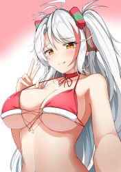 Rule 34 | 1girl, :q, absurdres, azur lane, breasts, calligraphy brush (medium), choker, highres, large breasts, long hair, looking at viewer, moyoron, multicolored hair, orange hair, pen, prinz eugen (azur lane), red choker, red hair, selfie, silver hair, solo, strap gap, streaked hair, tongue, tongue out, twintails, two-tone hair, upper body, v