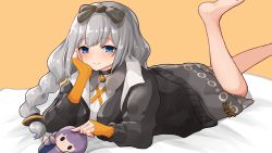 Rule 34 | 1girl, bad id, bad pixiv id, barefoot, bed sheet, black bow, black jacket, blue eyes, blush, bow, braid, breasts, brown background, closed mouth, collared shirt, commentary request, dress, feet out of frame, grey dress, grey hair, hair bow, highres, jacket, kizuna akari, legs up, long hair, long sleeves, looking at viewer, lying, medium breasts, on stomach, open clothes, open jacket, puffy long sleeves, puffy sleeves, shirt, signature, single braid, smile, solo, striped, striped bow, very long hair, vocaloid, voiceroid, white shirt, yusake san, yuzuki yukari