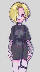 Rule 34 | 1girl, :d, arms at sides, black collar, black shirt, blonde hair, chest harness, collar, cowboy shot, cross, cross necklace, ear piercing, earrings, fingerless gloves, fishnet gloves, fishnets, gloves, grey background, hair over one eye, harness, highres, idolmaster, idolmaster cinderella girls, jewelry, looking at viewer, nail polish, necklace, o-ring, o-ring thigh strap, open mouth, piercing, red eyes, ring, shirasaka koume, shirt, short hair, simple background, skull print, smile, solo, spiked collar, spikes, standing, thigh strap, yurui (yurui891000)