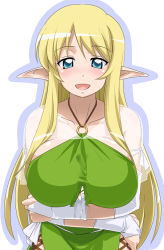 Rule 34 | 00s, 1girl, aftersex, blush, breasts, cum, elf, female focus, halterneck, large breasts, pointy ears, solo, standing, tiffania westwood, torn clothes, white background, youkan, zero no tsukaima