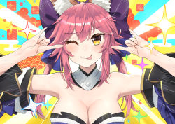 Rule 34 | 1girl, ;p, animal ear fluff, animal ears, bare shoulders, blue sleeves, bow, breasts, brown eyes, cleavage, closed mouth, commentary request, detached sleeves, double fox shadow puppet, egasumi, emotional engine - full drive, emphasis lines, fang, fang out, fate/extra, fate (series), fingernails, fox ears, fox shadow puppet, hair between eyes, hair bow, highres, large breasts, lo xueming, long hair, long sleeves, one eye closed, pink hair, purple bow, smile, solo, sparkle, strapless, tamamo (fate), tamamo no mae (fate/extra), tongue, tongue out, twintails, upper body, wide sleeves, yellow eyes