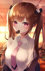 Rule 34 | 1girl, absurdres, bad id, bad pixiv id, bingyam, blurry, blurry background, blush, bow, breasts, brown hair, candy, ceiling, chocolate, chocolate heart, classroom, food, hair bow, hair ornament, heart, highres, huge filesize, indoors, looking at viewer, medium breasts, mouth hold, necktie, pink eyes, pink necktie, rabbit hair ornament, school uniform, shirt, solo, twintails, upper body, white shirt