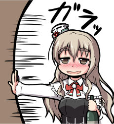 Rule 34 | 10s, 1girl, black corset, blush, bottle, bow, bowtie, brown eyes, brown hair, coat, corset, drunk, hat, kantai collection, long hair, looking at viewer, mini hat, motion lines, open mouth, pola (kancolle), pushing, red bow, red bowtie, shirt, smile, standing, wavy hair, white background, white coat, white shirt, wine bottle, yukimi unagi
