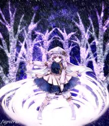 Rule 34 | 1girl, bad id, bad pixiv id, blue eyes, blue hair, boots, cape, derivative work, female focus, hat, jupitris, letty whiterock, matching hair/eyes, snow, solo, touhou, tree, winter