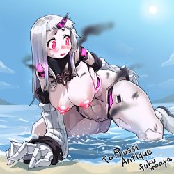 Rule 34 | 1girl, abyssal ship, breasts, claws, cloud, colored skin, day, dirty, fukumaaya, highres, horns, kantai collection, large breasts, long hair, mechanical parts, ocean, open mouth, outdoors, pale skin, seaport princess, single horn, sky, smoke, solo, sun, sweat, water, white hair, white skin