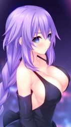 Rule 34 | 1girl, black dress, black gloves, blush, braid, breasts, cleavage, dress, elbow gloves, empty eyes, gloves, hair ornament, highres, hypnosis, irori (irorixc), large breasts, long hair, mind control, neptune (series), purple hair, purple heart (neptunia), purple heart (goddesses&#039; promise), solo, very long hair