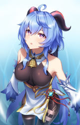 Rule 34 | :o, ahoge, bare shoulders, bell, black gloves, black legwear, blue hair, blush, bow, breasts, chinese knot, detached sleeves, flower knot, ganyu (genshin impact), genshin impact, gloves, gold trim, highres, horns, long hair, looking at viewer, medium breasts, naga (pixiv70891418), neck bell, parted lips, purple eyes, red rope, rope, sidelocks, solo, standing, tassel, thighlet, vision (genshin impact), white sleeves