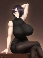 Rule 34 | 1girl, alternate costume, arm behind head, arm up, bare arms, bare shoulders, black hair, black pantyhose, black sweater, blue eyes, breasts, brown background, commentary, covered erect nipples, crossed legs, dress, english commentary, hair over one eye, highres, huge breasts, looking at viewer, original, pantyhose, parted lips, ribbed sweater, saya (twrlare), short hair, simple background, sitting, sleeveless, sleeveless sweater, smile, solo, sweater, sweater dress, turtleneck, turtleneck sweater, twitter username, twrlare