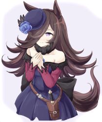 Rule 34 | 1girl, animal ears, back bow, bare shoulders, black flower, black rose, blue flower, blue rose, bow, brown hair, commentary request, dagger, dress, flower, fur-trimmed collar, fur trim, hair over one eye, highres, horse ears, horse girl, horse tail, knife, long hair, long sleeves, looking at viewer, off-shoulder dress, off shoulder, purple dress, purple eyes, purple headwear, rice shower (umamusume), rose, sangria (sangria69), sheath, sheathed, smile, solo, tail, tilted headwear, umamusume, weapon, white background