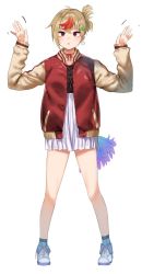 Rule 34 | 1girl, akagi asahito, bird, blonde hair, chicken, chinese zodiac, clover hair ornament, earrings, feathers, folded ponytail, full body, hair between eyes, hair ornament, hands up, high-waist skirt, highres, jacket, jewelry, letterman jacket, multicolored hair, neck ribbon, original, personification, red eyes, red ribbon, ribbon, shoes, simple background, skirt, sneakers, solo, standing, streaked hair, tail, thighs, triangle mouth, white background, white skirt, year of the rooster