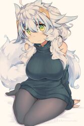 Rule 34 | 1girl, animal ears, black pantyhose, blue hair, breasts, closed mouth, commentary request, green sweater, kuromiya, large breasts, light smile, looking at viewer, multicolored hair, original, pantyhose, shiromiya asuka, simple background, sitting, solo, sweater, tail, thighs, turtleneck, turtleneck sweater, two-tone hair