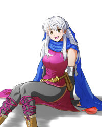 Rule 34 | 1girl, :d, arms behind back, bangle, bare shoulders, bird, black gloves, blue scarf, boo cipher, bracelet, breasts, dress, elbow gloves, fingerless gloves, fire emblem, fire emblem: radiant dawn, gloves, hair ribbon, half updo, highres, jewelry, looking at viewer, micaiah (fire emblem), nintendo, open mouth, pantyhose, ribbon, scarf, side slit, silver hair, simple background, sitting, sleeping, sleeveless, sleeveless dress, smile, solo, white background, yellow eyes, yune (fire emblem)