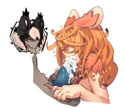 Rule 34 | animal ears, animal penis, blonde hair, blue penis, blush, closed eyes, cum, cum in mouth, fang, fellatio, furry, furry female, futa with female, futanari, heart, knifedragon, knotted penis, long hair, lyza (made in abyss), made in abyss, oral, ozen, penis, tongue, white background