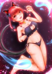 Rule 34 | 1girl, :d, absurdres, akatsuki no usagi, animal ears, bad anatomy, barefoot, bell, braid, breasts, cat cutout, cat ear panties, cat ears, cat lingerie, cleavage, cleavage cutout, clothing cutout, fangs, highres, jingle bell, kaenbyou rin, large breasts, looking at viewer, meme attire, multiple tails, navel, neck bell, nekomata, open mouth, panties, paw pose, red eyes, red hair, side-tie panties, smile, solo, tail, touhou, twin braids, two tails, underwear