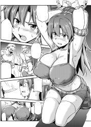 Rule 34 | 10s, 1girl, 2boys, armpits, arms up, bad id, bad pixiv id, bare shoulders, bdsm, bellows (suisei no gargantia), bondage, bound, bound wrists, breasts, comic, covered erect nipples, earrings, greyscale, huge breasts, jewelry, monochrome, multiple boys, no bra, ponytail, shorts, speech bubble, suisei no gargantia, textless version, thighhighs, try (lsc)