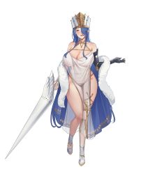 Rule 34 | 1girl, absurdres, blue eyes, blue hair, breasts, cleavage, curvy, full body, fur collar, gloves, hair over one eye, hat, highres, holding, holding weapon, large breasts, long hair, mature female, milephunter, off shoulder, open mouth, original, pelvic curtain, pointy ears, revealing clothes, see-through, silver footwear, single glove, solo, thighs, weapon