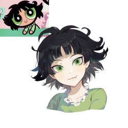 Rule 34 | 1girl, black hair, blunt bangs, bonaduna, buttercup (ppg), buttercup redraw challenge (meme), collar, cropped shoulders, derivative work, fang, frilled collar, frills, green eyes, green pajamas, highres, looking at viewer, meme, messy hair, pajamas, powerpuff girls, reference inset, screenshot inset, screenshot redraw, shadow, simple background, solo, white background
