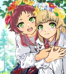 Rule 34 | 2girls, aisha greyrat, blonde hair, blush, closed mouth, commentary request, day, green eyes, head wreath, long hair, mizumori keiichi, multiple girls, mushoku tensei, norn greyrat, open mouth, outdoors, red hair, siblings, sisters, smile, teeth, traditional clothes, tree, ukraine, ukrainian clothes, upper body, upper teeth only