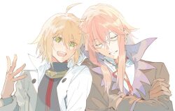 Rule 34 | 2boys, ahoge, blonde hair, blush, crossed arms, emil castagnier, glasses, gloves, green eyes, high collar, highres, jacket, leaning on person, long hair, long sleeves, male focus, multiple boys, red hair, richter abend, smile, tales of (series), tales of symphonia, tales of symphonia: dawn of the new world, white background, xing 20