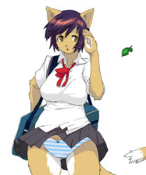 Rule 34 | 1girl, animal ears, animal hands, bag, black skirt, blue panties, bow, bow panties, bowtie, breasts, cat ears, cat girl, cat tail, furry, kemonon, large breasts, leaf, lowres, open mouth, panties, purple hair, red bow, red bowtie, school bag, school uniform, shirt, short hair, short sleeves, skirt, standing, striped clothes, striped panties, tail, underwear, white background, white shirt, wind, wind lift, yellow eyes