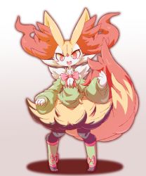 Rule 34 | 1girl, absurdres, animal ear fluff, animal ears, animal hands, animal nose, barefoot, blush, bottomless, bow, bowtie, braixen, breasts, claws, clothed pokemon, collarbone, creatures (company), fang, female focus, fox ears, fox tail, full body, furry, furry female, game freak, gen 6 pokemon, gradient background, green legwear, green shirt, hand up, highres, leg warmers, long sleeves, nintendo, nyaswitchnya, off shoulder, open mouth, outline, pigeon-toed, pokemon, pokemon (creature), red bow, red bowtie, red eyes, shirt, simple background, small breasts, smile, snout, solo, standing, tail, white background