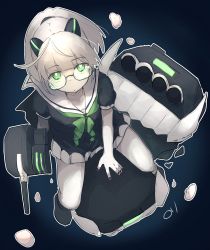Rule 34 | 1girl, absurdres, abyssal plum princess, abyssal ship, black dress, black nails, closed mouth, colored skin, dress, glasses, green eyes, green neckerchief, highres, horns, kantai collection, looking at viewer, ma rukan, nail polish, neckerchief, pale skin, sailor collar, sailor dress, short sleeves, signature, sitting, solo, white hair, white skin