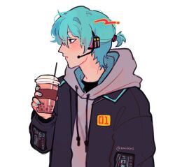 Rule 34 | 1boy, aqua hair, aqua nails, black jacket, blush, bubble tea, commentary, cup, disposable cup, drawstring, drinking straw, english commentary, genderswap, genderswap (ftm), grey hoodie, hatsune miku, headset, highres, holding, holding cup, hood, hood down, hoodie, jacket, kaogens, long sleeves, male focus, open clothes, open jacket, parted lips, ponytail, short hair, short ponytail, simple background, solo, upper body, vocaloid, white background
