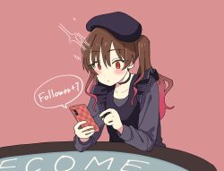 Rule 34 | 1girl, beret, black dress, black hat, blush, bocchi the rock!, brown hair, cellphone, choker, closed mouth, collarbone, dress, frills, gradient hair, hat, highres, holding, holding phone, long hair, long sleeves, multicolored hair, ootsuki yoyoko, phone, red eyes, red hair, simple background, sitting, smartphone, solo, sparkle, sumi (tebukuro00), table, twintails