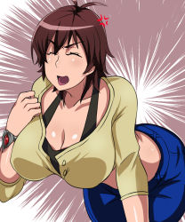 Rule 34 | 1girl, amaha masane, anger vein, angry, antenna hair, bad id, bad pixiv id, bent over, bracelet, breasts, brown hair, cleavage, closed eyes, denim, female focus, hanging breasts, hip focus, huge breasts, jeans, jewelry, large breasts, leaning forward, mature female, nightmare-doom, open mouth, pants, short hair, simple background, solo, wide hips, witchblade