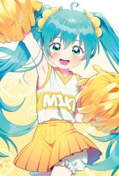 Rule 34 | 1girl, ahoge, aqua eyes, aqua hair, arm up, bloomers, blush, character name, cheerleader, clothes writing, commentary, cowboy shot, food, food-themed hair ornament, fruit, leaf hair ornament, hair ornament, hatsune miku, holding, holding pom poms, leaf hair ornament, lemon, lemon hair ornament, light blush, long hair, miniskirt, mongz, open mouth, outstretched arm, pleated skirt, pom pom (cheerleading), shirt, skirt, sleeveless, sleeveless shirt, smile, solo, twintails, underwear, very long hair, vocaloid, white shirt, yellow background, yellow skirt