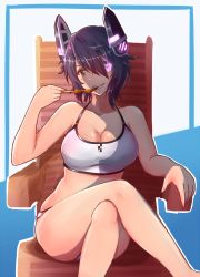 Rule 34 | 10s, 1girl, armrest, bikini, breasts, brown eyes, chair, cleavage, eating, edwin (cyberdark impacts), eyepatch, food, glowing, hair over one eye, headgear, highres, kantai collection, large breasts, crossed legs, looking at viewer, machinery, parted lips, purple hair, revision, short hair, sitting, smile, solo, swimsuit, teeth, tenryuu (kancolle), white bikini