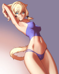 Rule 34 | 1girl, animal ears, armpits, arms behind head, arms up, blue eyes, breasts, cat ears, cat tail, covered erect nipples, final fantasy, final fantasy xiv, groin, hair between eyes, hair tubes, highres, impossible clothes, impossible shirt, legs together, looking at viewer, lowleg, lowleg panties, medium breasts, midriff, miqo&#039;te, navel, panties, purple panties, shiny skin, shirt, short hair, skin tight, solo, sports bra, standing, tail, thighs, tomoyuki kotani, underwear, warrior of light (ff14)