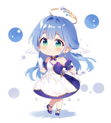 Rule 34 | 1girl, :o, absurdres, alaya0130, bare shoulders, blue eyes, blue hair, blush, bracelet, chibi, chibi only, clenched hand, commentary, dress, earrings, english commentary, full body, gloves, hair between eyes, halo, hand up, head wings, highres, honkai: star rail, honkai (series), jewelry, light blue hair, long hair, necklace, purple dress, purple footwear, robin (honkai: star rail), simple background, single earring, solo, strapless, two-tone dress, very long hair, white background, white dress, white gloves, white wings, wings