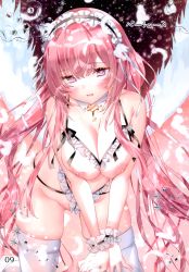 Rule 34 | 1girl, absurdres, angel wings, azur lane, bare shoulders, black panties, blush, bra, breasts, collarbone, detached collar, eyebrows, eyelashes, feathered wings, feathers, frilled bra, frills, gluteal fold, groin, hair between eyes, highres, kamiya maneki, large breasts, leaning forward, long hair, looking at viewer, low wings, maid headdress, nipples, non-web source, open mouth, page number, panties, perseus (azur lane), pink hair, purple eyes, scan, sidelocks, skindentation, solo, string panties, thighhighs, translation request, underwear, underwear only, very long hair, white thighhighs, white wings, wings, wrist cuffs