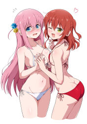 Rule 34 | 2girls, ^^^, absurdres, ass, asymmetrical docking, back, bikini, blue eyes, blush, bocchi the rock!, breast press, breasts, butt crack, cleavage, commentary, cowboy shot, cropped legs, cube hair ornament, curvy, eggman (pixiv28975023), embarrassed, eyes visible through hair, fingernails, flying sweatdrops, front-tie bikini top, front-tie top, gotoh hitori, green eyes, groin, hair between eyes, hair ornament, halterneck, highres, holding hands, interlocked fingers, kita ikuyo, large breasts, long hair, looking at viewer, multiple girls, navel, nose blush, one side up, open mouth, pink hair, raised eyebrows, red bikini, red hair, shaded face, side-tie bikini bottom, side ahoge, sidelocks, simple background, small breasts, standing, stomach, straight hair, string bikini, surprised, swimsuit, very long hair, white background, white bikini, yuri