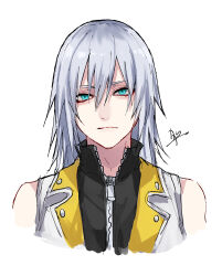 1boy bare_shoulders blue_eyes closed_mouth commentary_request expressionless eyelashes grey_hair hair_between_eyes high_collar highres kagachi_118 kingdom_hearts long_hair male_focus portrait riku_(kingdom_hearts) sleeveless sleeveless_jacket white_background zipper zipper_pull_tab