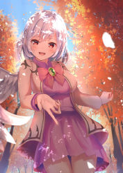 Rule 34 | 1girl, absurdres, autumn leaves, beige jacket, blush, bow, brooch, cowboy shot, dress, feathered wings, hair between eyes, highres, jacket, jewelry, kishin sagume, leaf, long sleeves, maple leaf, maple tree, niko kusa, open mouth, purple dress, red bow, red eyes, short hair, single wing, smile, solo, touhou, tree, white hair, wings